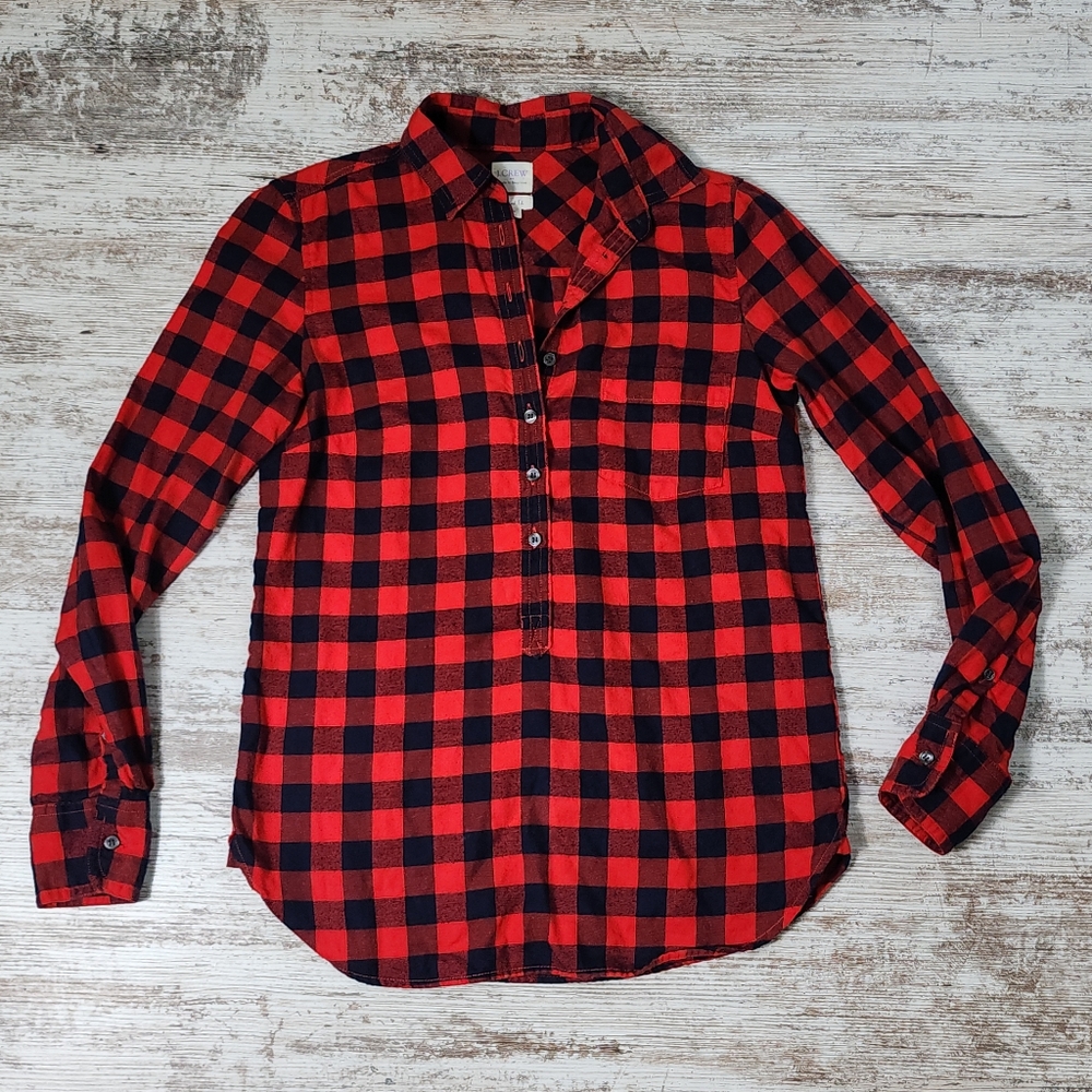 Womens J Crew Factory Popover Perfect Fit Flannel Shirt Size XXS Red blue plaid